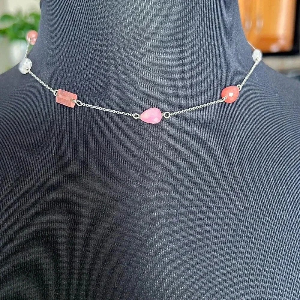 Michele Baratta Pink and White Clear Bead Necklace 16" Sterling​